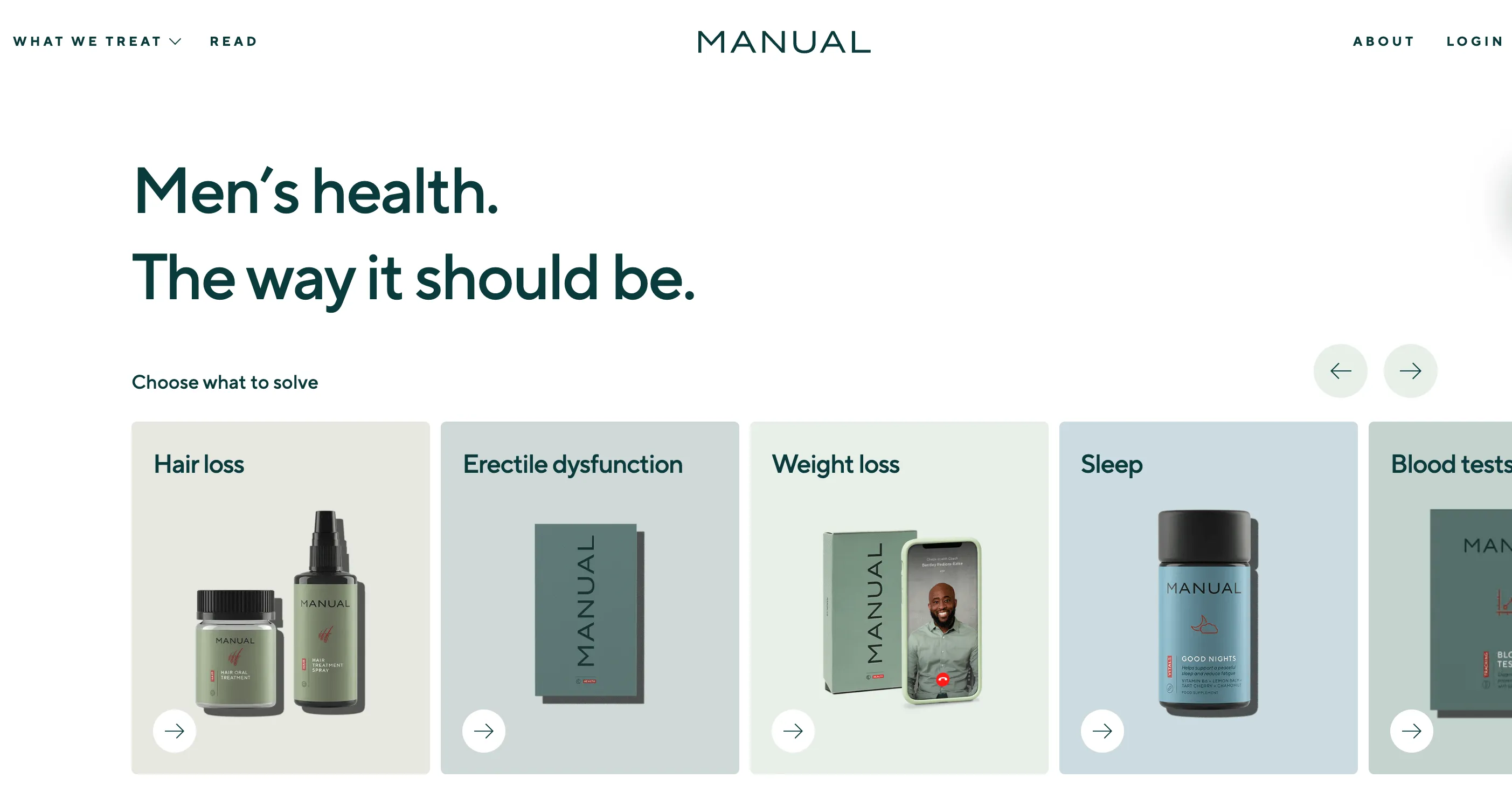 Home page of Manual, the men's health and wellbeing platform