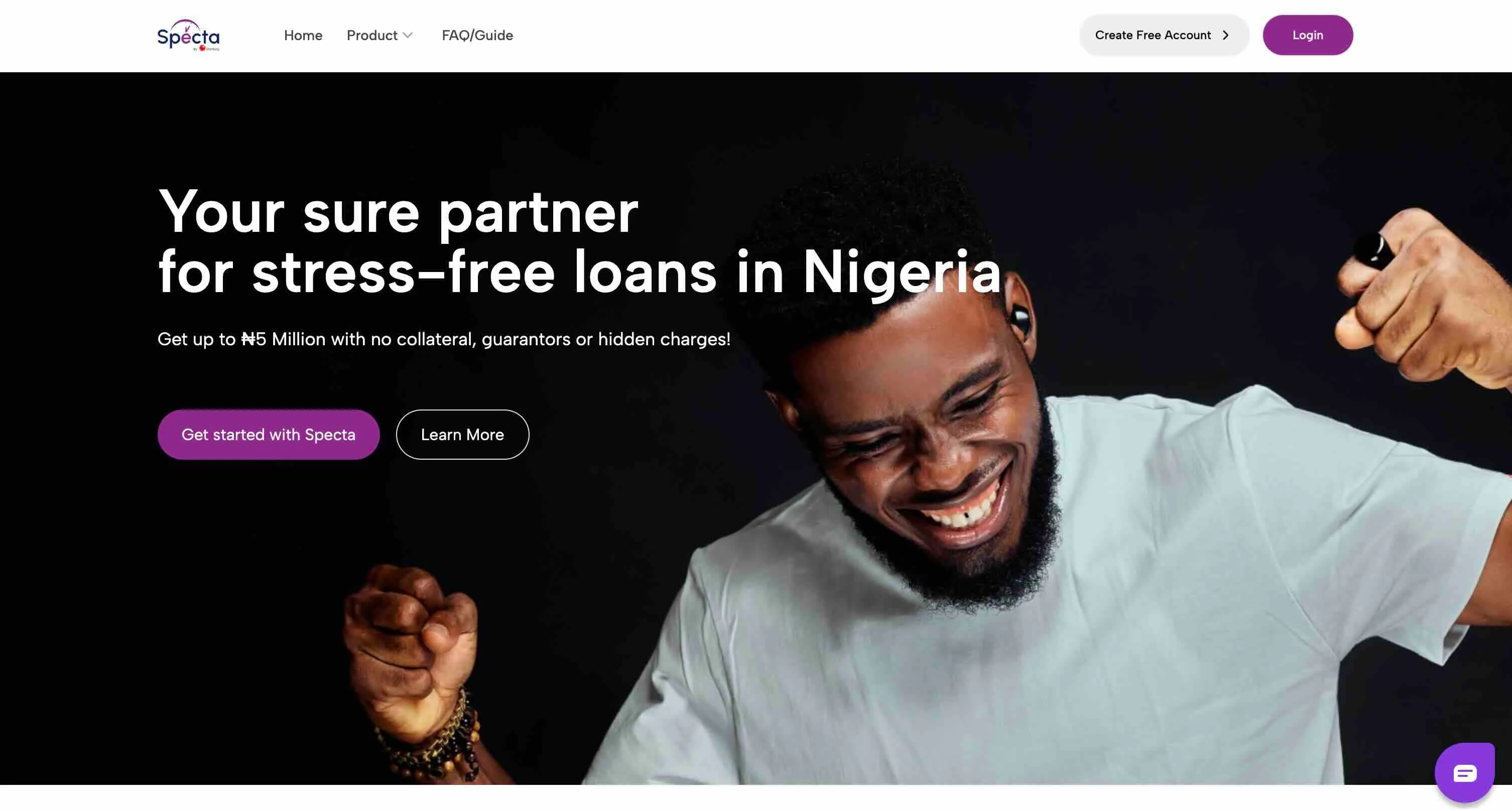 Landing page of Specta, the Sterling Bank digital lending platform