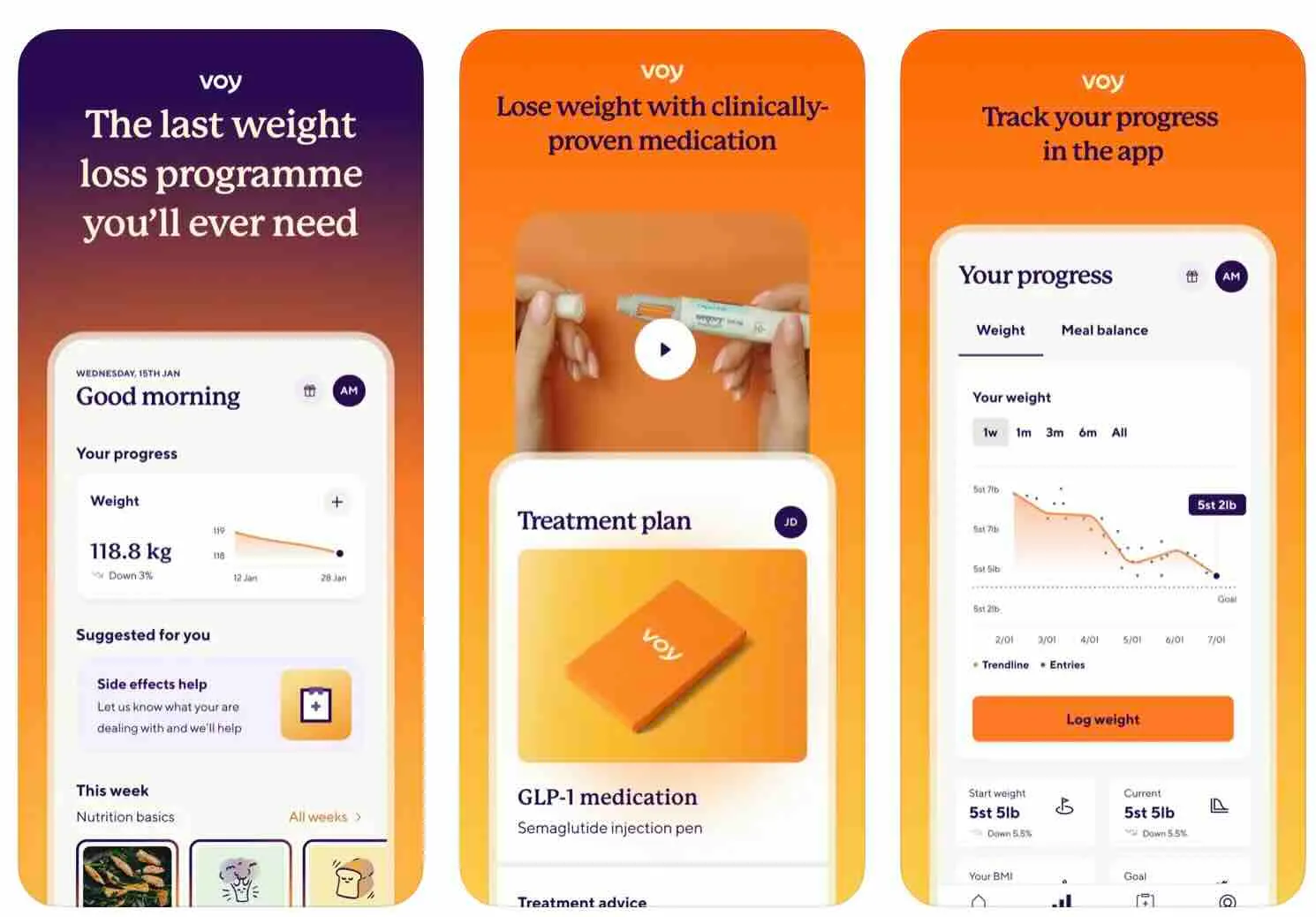 The Voy weight loss mobile app, showing its medication management and progress tracking screens
