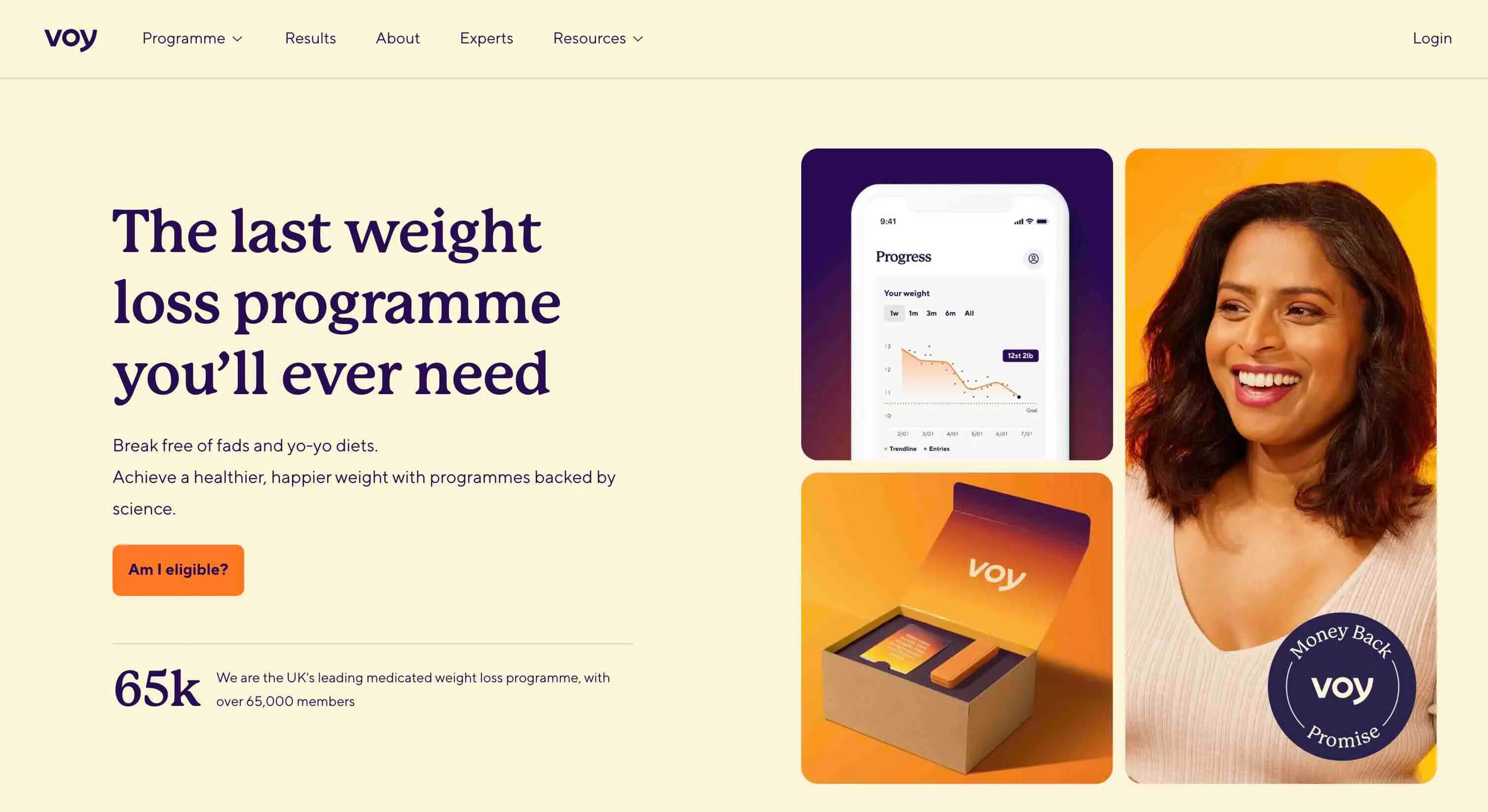 Landing page of the Voy weight loss programme website